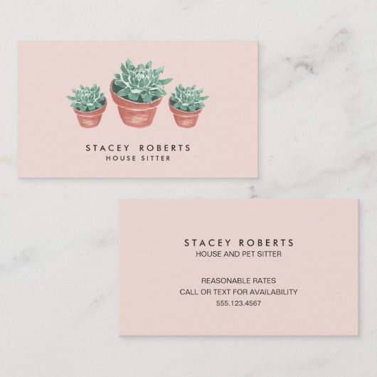 ピンクウォーターカラー多肉植物ハウスペットシッター 名刺 (正面/裏面)