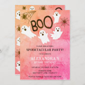 ピンクウォーターカラー幽霊ハロウィーン誕生日パーティー 招待状 (正面/裏面)