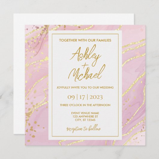 ピンクウォーターカラー抽象芸術大理石結婚式招待状 招待状 (正面/裏面)