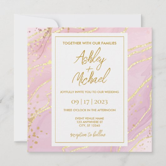 ピンクウォーターカラー抽象芸術大理石結婚式招待状 招待状 (正面)