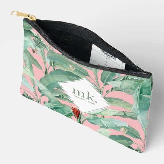 ピンクウォーターカラー熱帯バナナ葉ナモノグラムの アクセサリーポーチ (見開き)