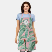 ピンクウォーターカラー熱帯バナナ葉ナモノグラムの エプロン (着用した状態)