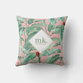 ピンクウォーターカラー熱帯バナナ葉ナモノグラムの クッション (裏面)