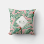 ピンクウォーターカラー熱帯バナナ葉ナモノグラムの クッション (正面)