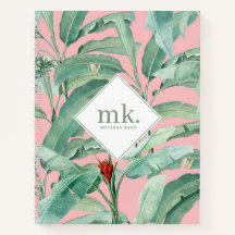 ピンクウォーターカラー熱帯バナナ葉ナモノグラムの