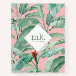 ピンクウォーターカラー熱帯バナナ葉ナモノグラムの ノートブック