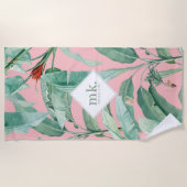 ピンクウォーターカラー熱帯バナナ葉ナモノグラムの ビーチタオル (正面)