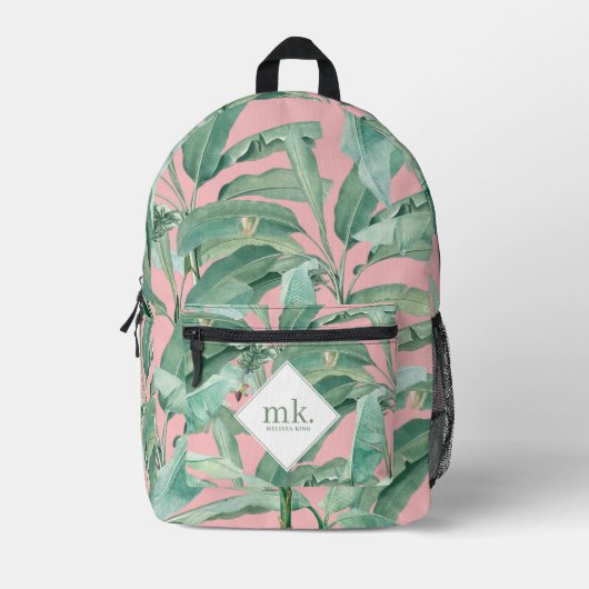 ピンクウォーターカラー熱帯バナナ葉ナモノグラムの プリントバックパック (正面)
