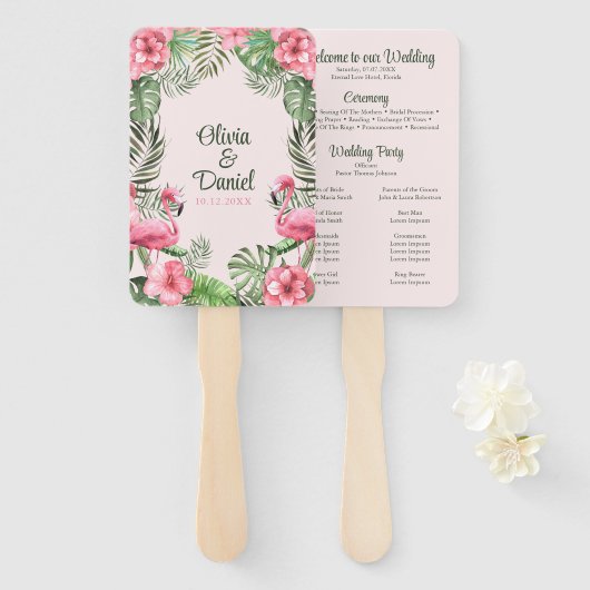 ピンクウォーターカラー熱帯フラミンゴ結婚式 プログラム ハンドファン (正面&裏面)