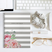 ピンクウォーターカラー牡丹&グレーストライプ ノートブック