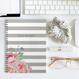 ピンクウォーターカラー牡丹&グレーストライプ ノートブック