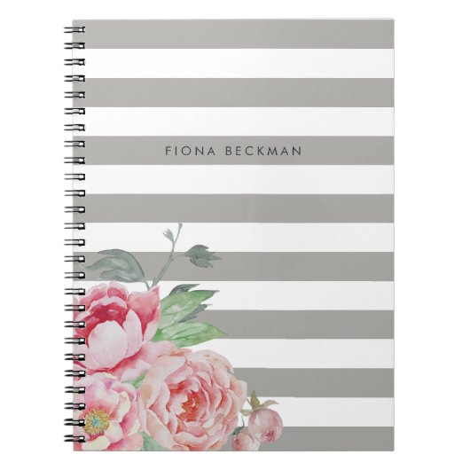 ピンクウォーターカラー牡丹&グレーストライプ ノートブック (正面)