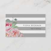 ピンクウォーターカラー牡丹&グレーストライプ 名刺 (正面)