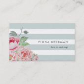 ピンクウォーターカラー牡丹&ミントストライプ 名刺 (正面)