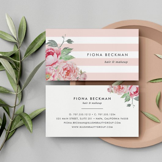 ピンクウォーターカラー牡丹&赤面ストライプ 名刺