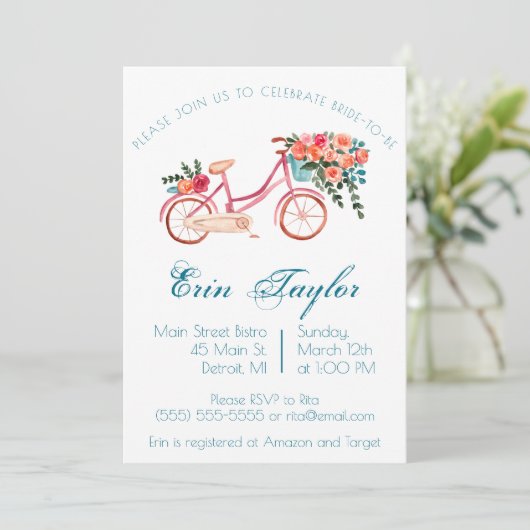 ピンクウォーターカラー自転車フローラブライダルシャワー 招待状 (スタンド正面)