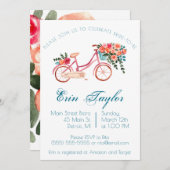 ピンクウォーターカラー自転車フローラブライダルシャワー 招待状 (正面/裏面)