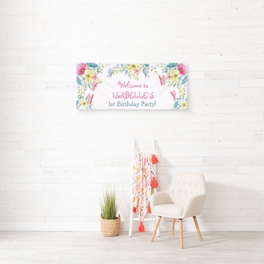 ピンクウォーターカラー花模様誕生日 横断幕 (インサイチュ)