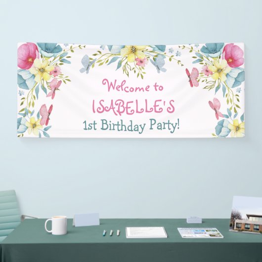 ピンクウォーターカラー花模様誕生日 横断幕 (トレードショー)