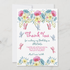 ピンクウォーターカラー蝶フローラ誕生日 サンキューカード