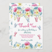 ピンクウォーターカラー蝶フローラ誕生日 サンキューカード (正面/裏面)