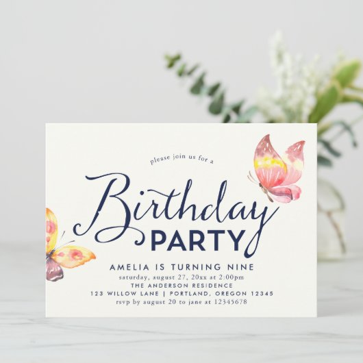 ピンクウォーターカラー蝶誕生日招待状 招待状 (スタンド正面)