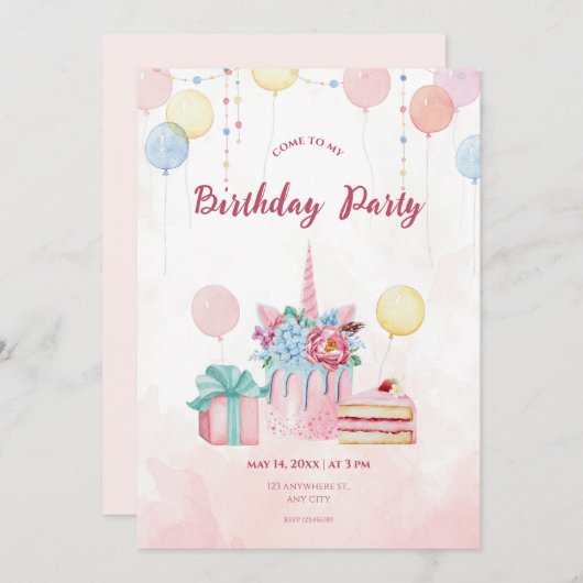 ピンクウォーターカラー誕生日パーティーの招待 招待状 (正面/裏面)