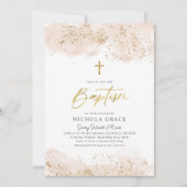 ピンクウォーターカラー金ゴールドクロスギル《キリスト教》洗礼式や命名式バプテスマ 招待状 (正面)