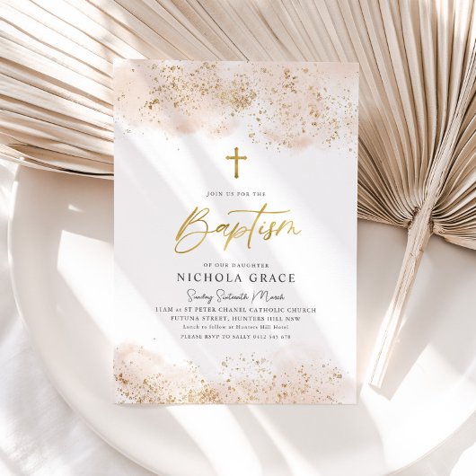 ピンクウォーターカラー金ゴールドクロスギル《キリスト教》洗礼式や命名式バプテスマ 招待状