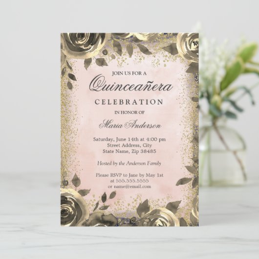 ピンクウォーターカラー金ゴールドグリッターフローラキンセアニェラ 招待状 (スタンド正面)