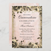 ピンクウォーターカラー金ゴールドグリッターフローラキンセアニェラ 招待状 (正面/裏面)