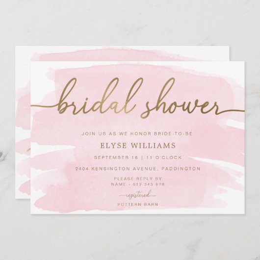 ピンクウォーターカラー金ゴールドブライダルシャワー招待 招待状 (正面/裏面)