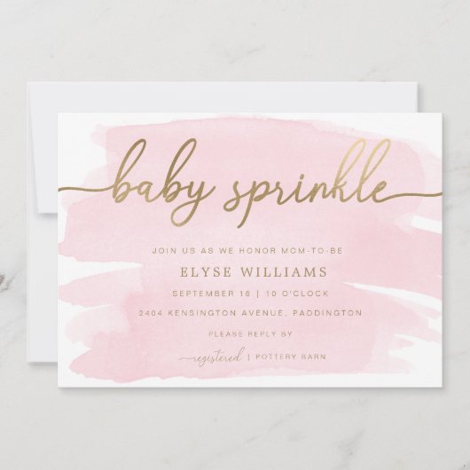 ピンクウォーターカラー金ゴールドベビースプリンクル招待状 招待状 (正面)