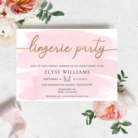 ピンクウォーターカラー金ゴールドランジェリーパーティーブライダルシャワー 招待状