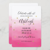 ピンクウォーターカラー金ゴールド紙吹雪グラデーション誕生日 招待状 (正面/裏面)