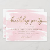 ピンクウォーターカラー金ゴールド誕生日パーティーへの招待 招待状 (正面/裏面)