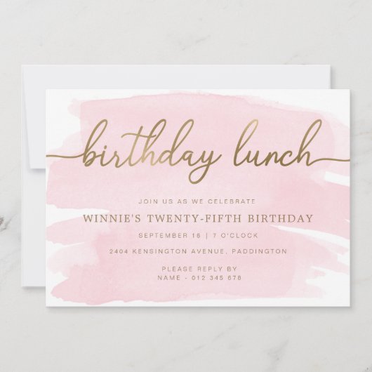 ピンクウォーターカラー金ゴールド誕生日ランチ招待状 招待状 (正面)