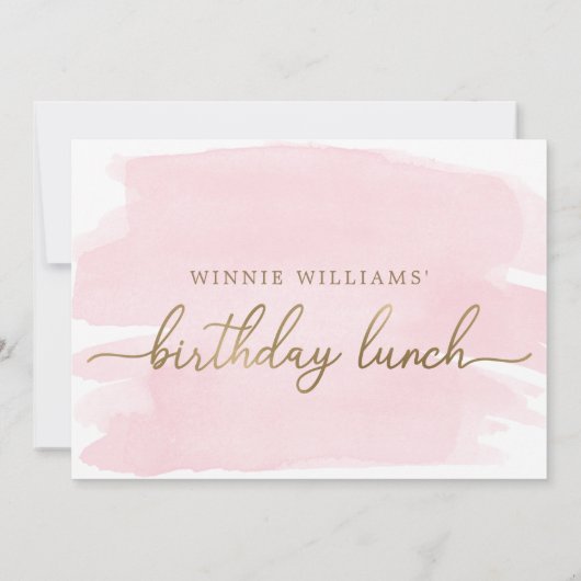 ピンクウォーターカラー金ゴールド誕生日ランチ招待状 招待状 (裏面)