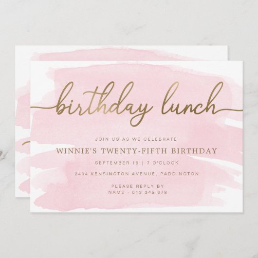 ピンクウォーターカラー金ゴールド誕生日ランチ招待状 招待状 (正面/裏面)