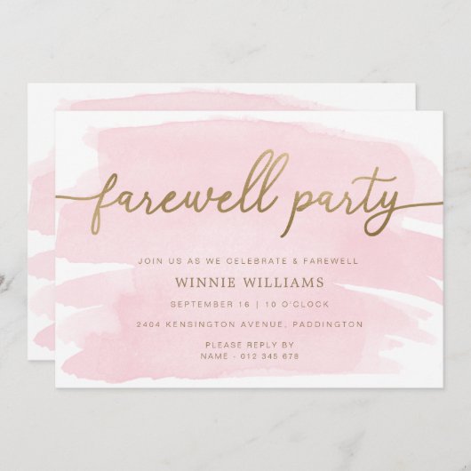 ピンクウォーターカラー金ゴールド送別パーティの招待状 招待状 (正面/裏面)