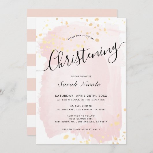 ピンクウォーターカラー金ゴールド（ばちゃばちゃ）跳ねるガール《キリスト教》洗礼式や命名式 招待状 (正面/裏面)