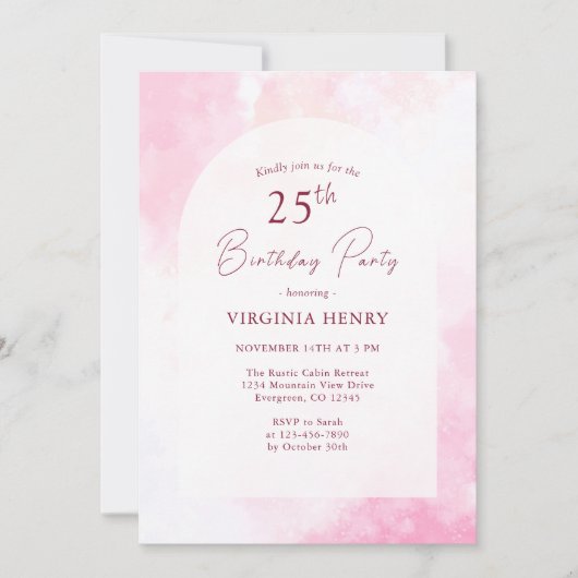 ピンクウォーターカラー25誕生日招待状 招待状 (正面)