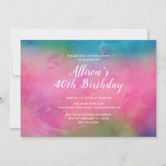 ピンクウォーターカラー40歳誕生日パーティの招待状 招待状 (正面)