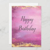 ピンクウォーターカラー&ゴールドフォイルトリム誕生日カード 招待状 (正面/裏面)