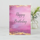 ピンクウォーターカラー&ゴールドフォイルトリム誕生日カード 招待状 (スタンド正面)