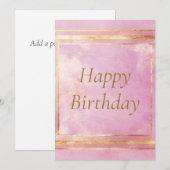 ピンクウォーターカラー&ゴールドフォイルハッピーバースデーカード 招待状 (正面/裏面)