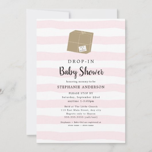 ピンクウォーターストライプカラーDROP-INガールベビーシャワー 招待状 (正面)
