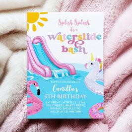 ピンクウォータースライドプールパーティー誕生日招待状 招待状
