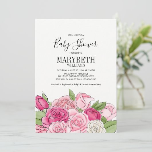 ピンクウォーターバラベビーシャワー招待状 招待状 (スタンド正面)