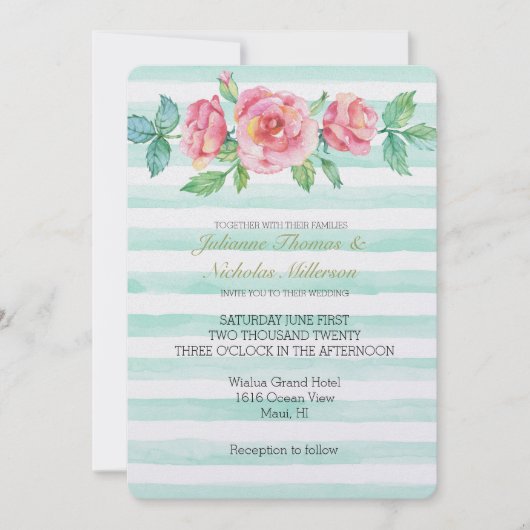 ピンクウォーターバラミントストライプー結婚ズ 招待状 (正面)